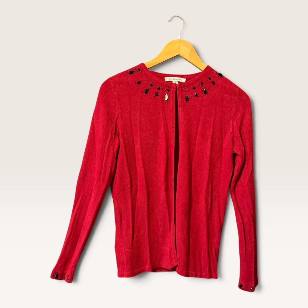 Mercer Street Studio Red Beaded Cardigan Size S Luxelon Knit Open Front Sweater